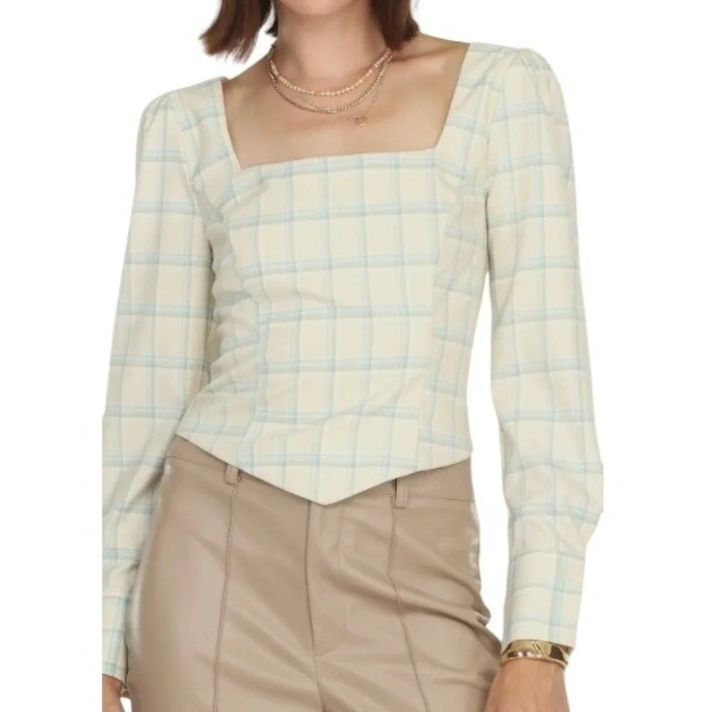 Greylin Cream Mint Plaid Square-Neck Crop Blouse Top M Light Academia Office - Picture 1 of 8